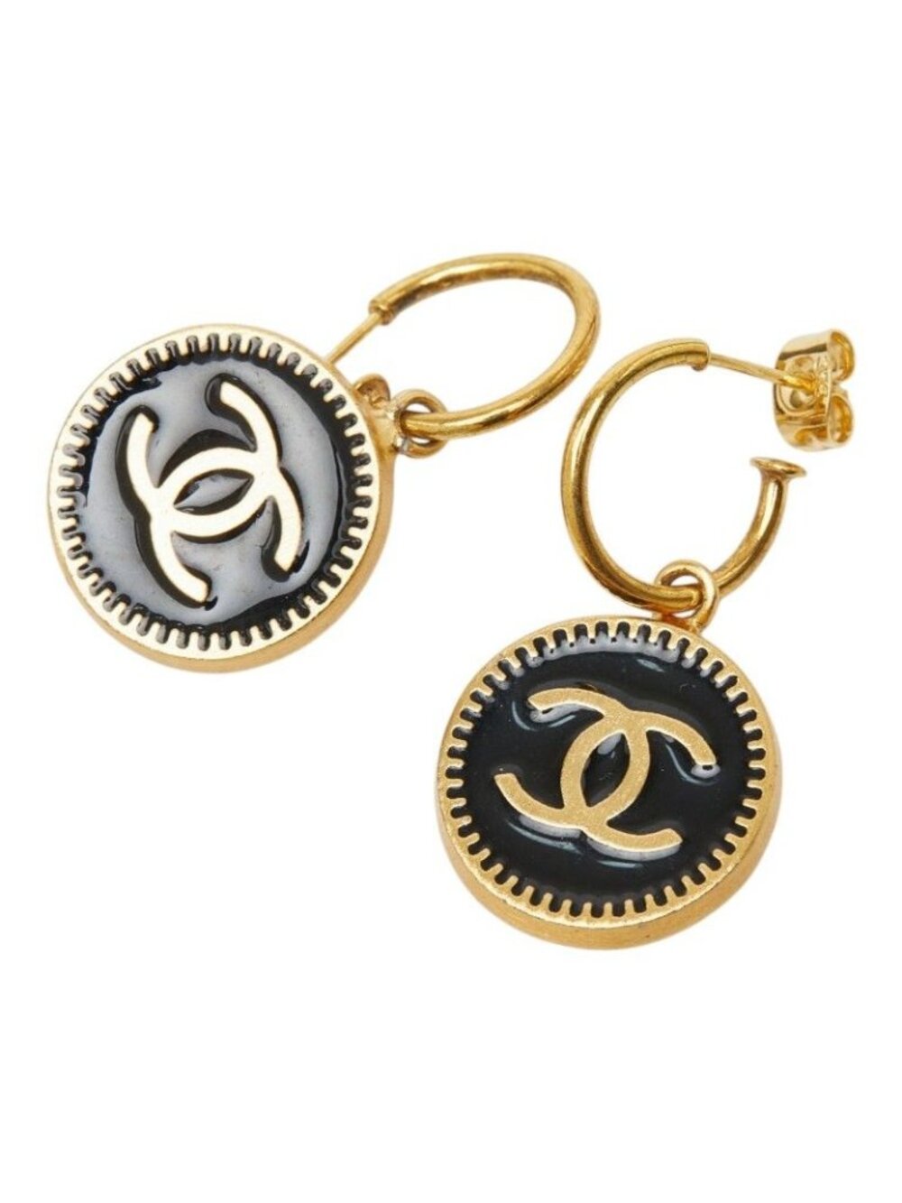 Chanel CC Logo Earrings Hoop Round Gold Black Plated